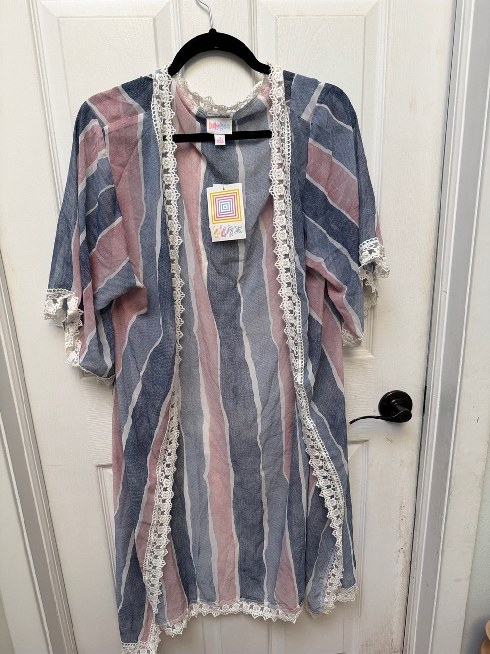 Women’s Striped Lace-Trim Kimono Cover-Up - Pink & Blue